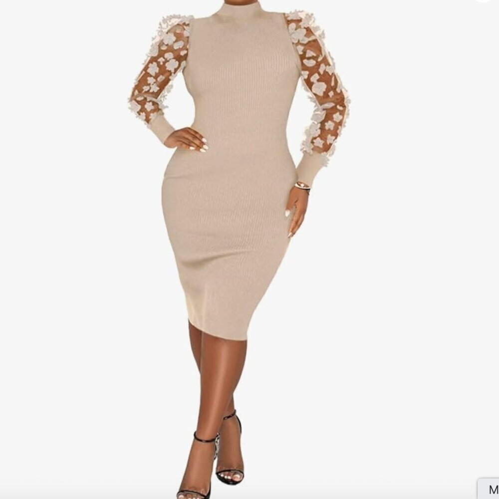 NWT Beige Women's BodyCon Long Sleeve Dress Size Large